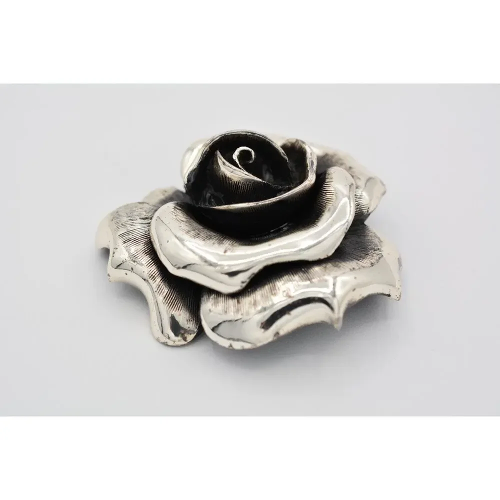 Tortolani Vintage Rose Pin Brooch Flower Chunky Heavy Silver Signed 1950s BinAT